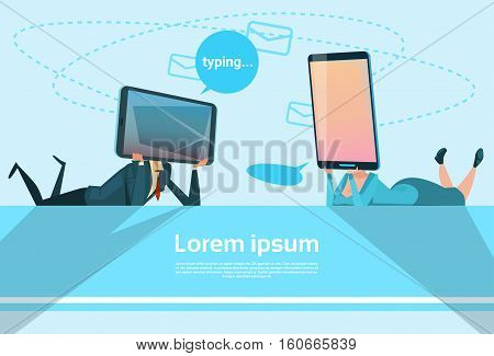 Couple Speak Cell Smart Phone Head Social Network Communication Flat Vector Illustration
