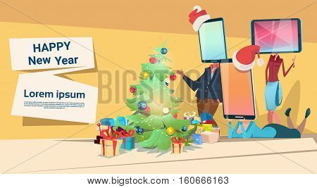 People Group Cell Smart Phone Head Social Network Communication Happy New Year Celebration Flat Vector Illustration