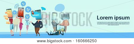 People Group Cell Smart Phone Head Social Network Communication Flat Vector Illustration