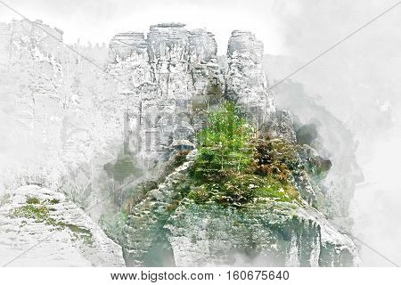 Digital watercolor painting of Bastei. It is a rock formation towering 194 metres above the Elbe River in the Elbe Sandstone Mountains of Germany major landmark of the Saxon Switzerland National Park. Germany