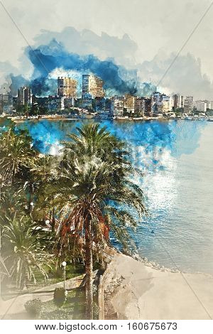 Digital watercolor painting of Albufereta skyline. Costa Blanca Alicante. Spain