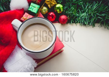 Wifi Symbol in Coffee Cup with Santa Hat and Decorations and Blank Space Vintage Tone