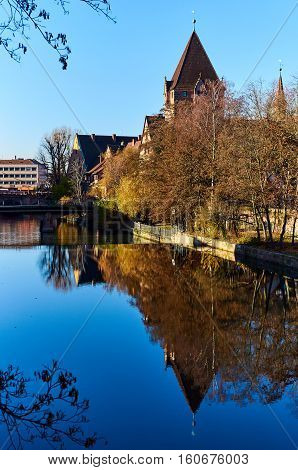 Ancient architecture and The Pegnitz river in Nuremberg Bavaria. Germany