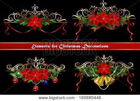Christmas decoration set with evergreen treess holly and pinecone and poinsettia and ribbon isolated