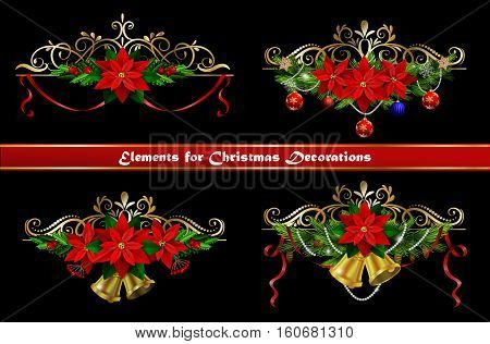 Christmas decoration set with evergreen treess holly and pinecone and poinsettia and ribbon isolated