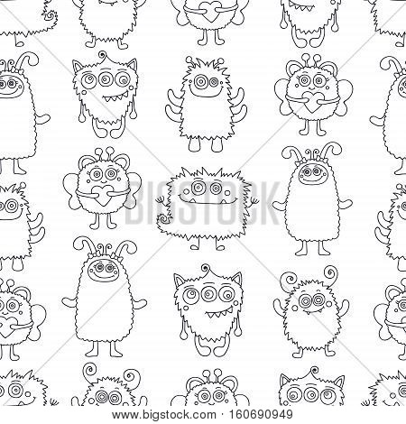 Fun monsters. Vector seamless pattern with nice hand drawn monsters. Black and white color background. Coloring page for anti stress coloring book.