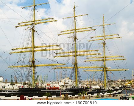 VARNA, BULGARIA - OCTOBER 04, 2016: Black Sea Tall Ships Regata 2016. Barque Kruzenstern mooring in the Sea Port Varna, Bulgaria
