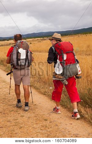 ASTORGA COUNTRYSIDE SPAIN - AUGUST 04: Pilgrimns along the way of St. James on August 03 2016