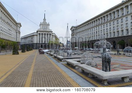 Interesting luminous nook with Christmas or  New year s tree and deer in the administrative centre, Sofia, Bulgaria