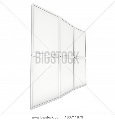 Blank Fold Up Banner Stands. Trade show booth white and blank. 3d render illustration isolated on white background. Template mockup for your design.