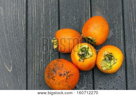 Persimmon, Fresh Ripe Persimmon On Wooden Table Fruits On Rustic Table
