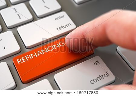 Business Concept - Male Finger Pointing Orange Refinancing Keypad on Laptop Keyboard. 3D Illustration.