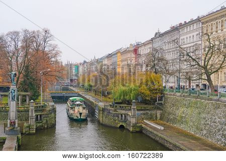 Ship on Vitava river in Prague, Czechia