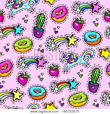 Seamleaaa pattern with decorative fashion patch badges of colorful girls elements. Pink background. Girl patches in comic cartoon 80-90 style. Vector illustration stock vector.