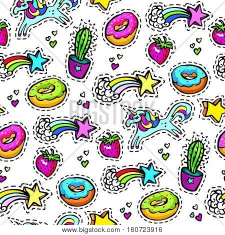 Seamleaaa pattern with decorative fashion patch badges of colorful girls elements. White background. Girl patches in comic cartoon 80-90 style. Vector illustration stock vector.