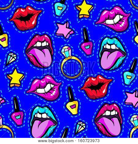 Seamless pattern with decorative fashion patch badges set with colorful girls elements. Girl patches in comic cartoon 80-90 style. Vector illustration stock vector.