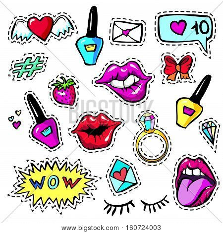 Decorative fashion patch badges set with colorful girls elements. Girl patches in comic cartoon 80-90 style. Vector illustration stock vector.