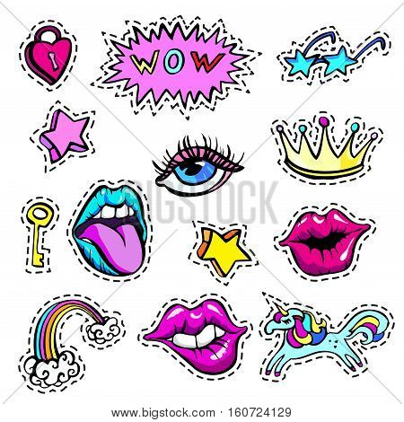 Decorative fashion patch badges set with colorful girls elements. Girl patches in comic cartoon 80-90 style. Vector illustration stock vector.