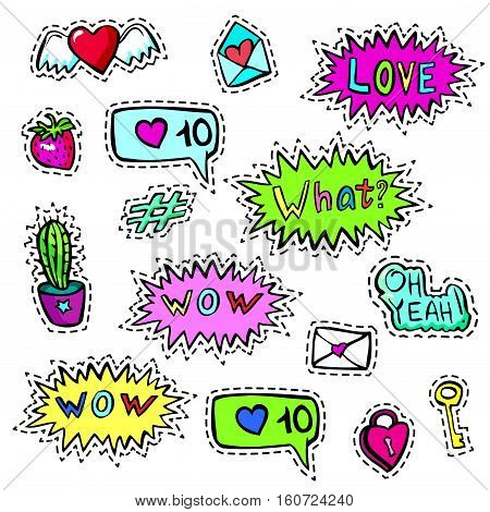 Decorative fashion patch badges set with colorful girls elements. Girl patches in comic cartoon 80-90 style. Vector illustration stock vector.