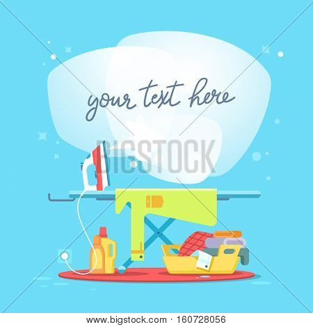 Ironing board and clothes iron. Concept of house work cleaning service and household appliances. flat vector illustration