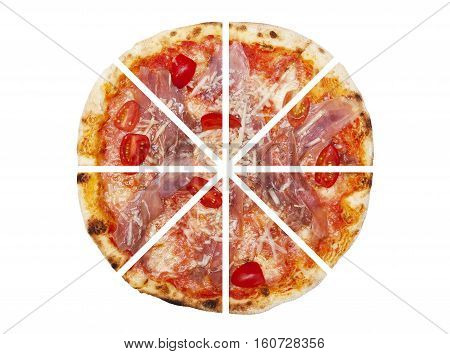 Eight pieces of pizza isolated on the white background