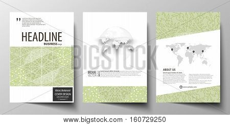 Business templates for brochure, magazine, flyer, booklet or annual report. Cover design template, easy editable vector, abstract flat layout in A4 size. Green color background with leaves. Spa concept in linear style. Vector decoration for cosmetics, bea