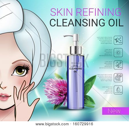 Deep Cleansing Oil ads. Vector Illustration with Manga style girl and skin cleansing oil bottle.