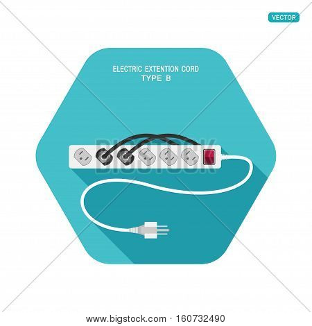 Vector hexagon icon with shadow of modern electric extension cord type B with shadow on the turquoise background.