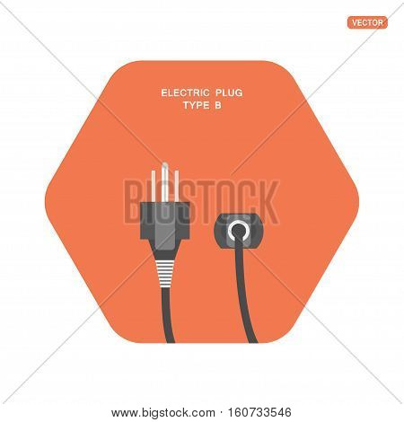 Electric dark gray plug type B vector isolated icon with shadow on the hexagon red background.