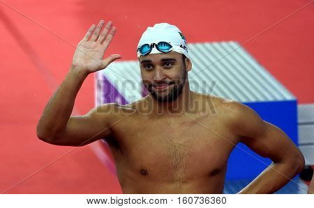 Hong Kong China - Oct 29 2016. Olympic and world champion swimmer LE CLOS Chad (RSA) after the Men's Butterfly 50m Final. FINA Swimming World Cup Victoria Park Swimming Pool.