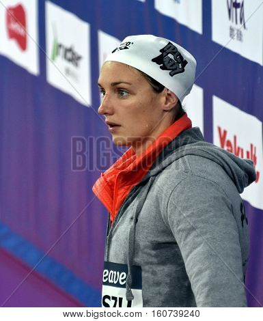 Hong Kong China - Oct 29 2016. Olympic world and European champion World record holder swimmer Katinka HOSSZU (HUN) at the Victory Ceremony of the Women's Backstroke 200m. FINA Swimming World Cup