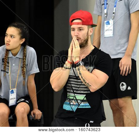 Hong Kong China - Oct 29 2016. Shane TUSUP (USA) coach and husband of Katinka Hosszu (HUN) olympic champion swimmer in Victoria Park Swimming Pool. FINA Swimming World Cup Finals.