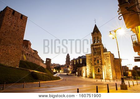 View of the Templar Castle and San Andres church at sunrise in Ponferrada Spain