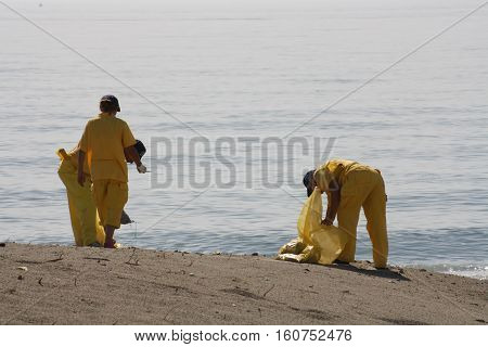 yellow men cleaning beach seaside water sand