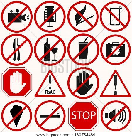 Red prohibition vector symbols and signs set. You can simply change color and size