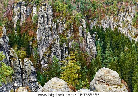 Picturesque view of Bastei. It is a rock formation towering 194 metres above the Elbe River in the Elbe Sandstone Mountains of Germany major landmark of the Saxon Switzerland National Park. Germany