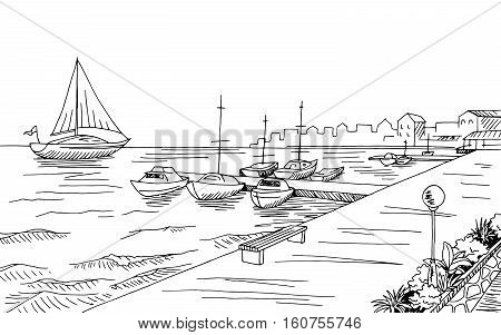 Seafront pier graphic yacht black white landscape sketch illustration vector