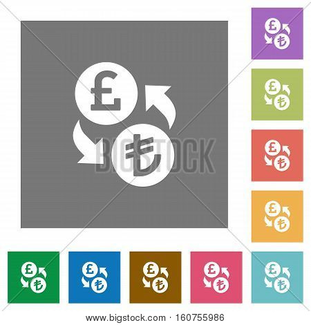 Pound Lira exchange flat icons on simple color square background.
