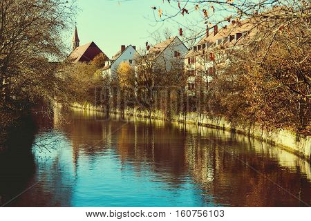 Ancient architecture and The Pegnitz river in Nuremberg Bavaria. Germany