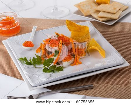 Ceviche typical dish from Central and South America topped with roe