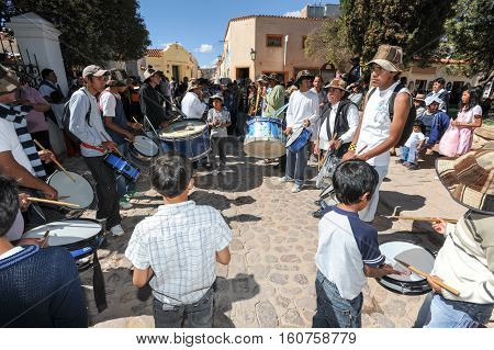 Humahuaca Argentina - 23 January 2011: Indios making music on a celebration of the feast of the Virgin at Humahuaca on Argentina andes