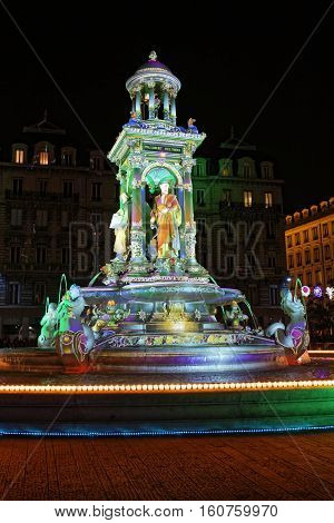 Lyon, France, December 8, 2016 : Lights On The Fountain Of Jacobins. The Festival Of Lights Expresse