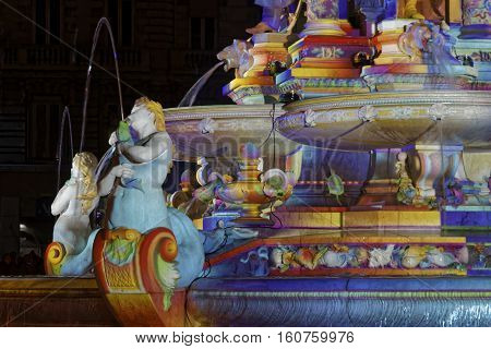 Lyon, France, December 8, 2016 : Lights On The Fountain Of Jacobins. The Festival Of Lights Expresse