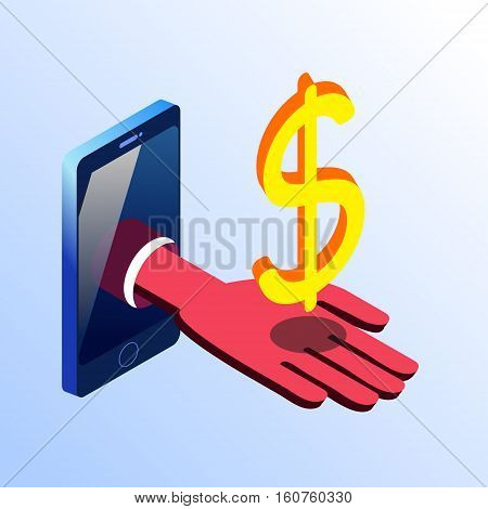 Isometric vector smartphone showing hand with golden dollar sign. 3d stock illustration
