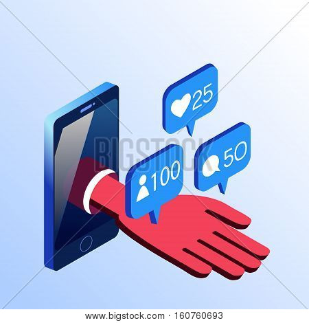 Isometric vector smartphone showing hand with social networks notifications. 3d stock illustration
