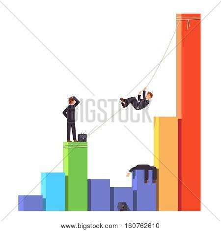 Businessman climbing up on a rope to a bar graph chart crossing startup death valley or economic decline and financial crisis. Competitor is dead. Business risks concept. Flat vector illustration.