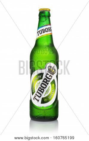 MINSK BELARUS - AUGUST 23 2016: Editorial photo of cold bottles of Tuborg Green Beer with drops isolated on white. Tuborg northern suburb of Copenhagen Denmark.