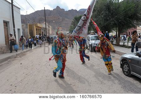 Humahuaca, Argentina - 29 January 2011: Indios dancing on the celebration of carnival at Tilcara on Argentina andes