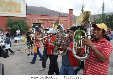 Humahuaca, Argentina - 29 January 2011: Indios dancing on the celebration of carnival at Tilcara on Argentina andes