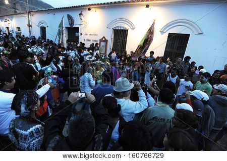 Humahuaca, Argentina - 29 January 2011: Indios dancing on the celebration of carnival at Tilcara on Argentina andes